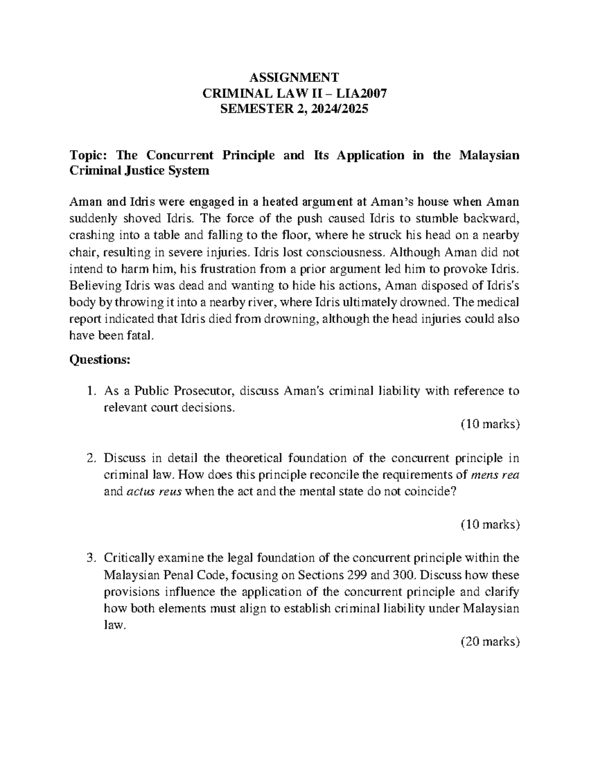 Assignment Lia2007 Criminal Law Ii Concurrent Principle In Malaysia