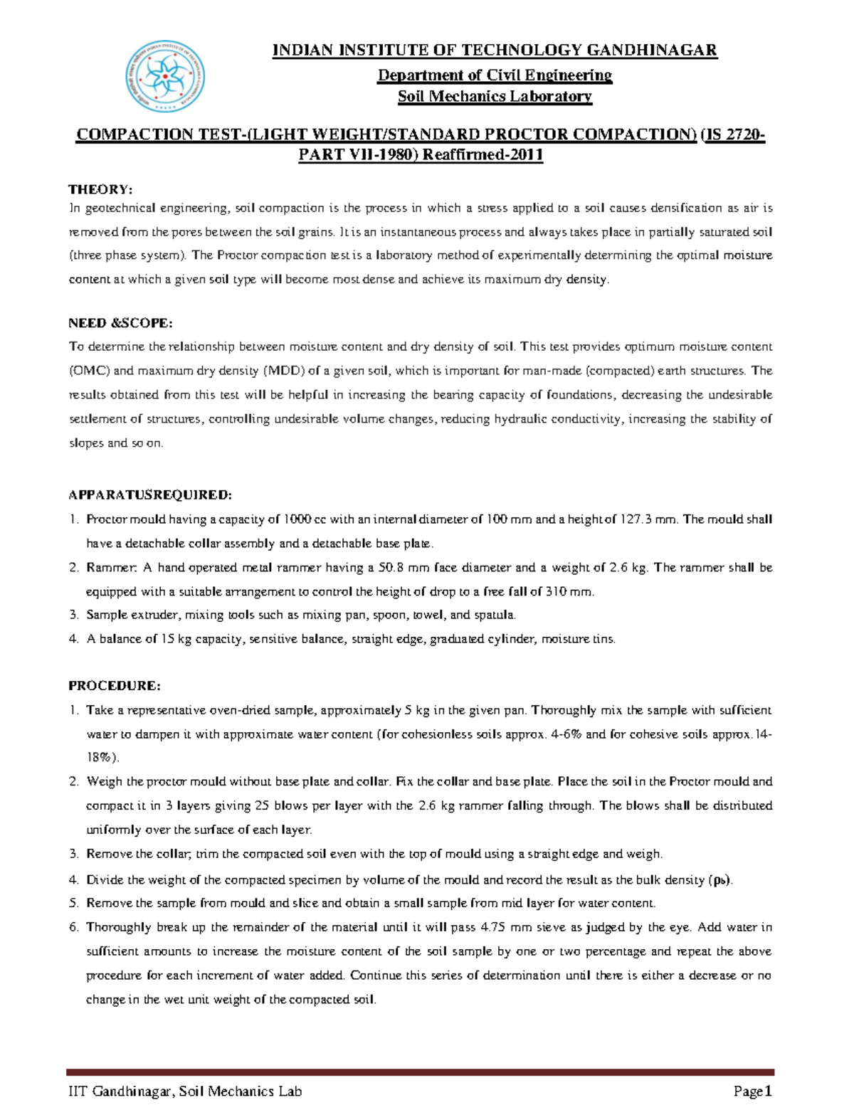 Standard Proctor Compaction Test Notes - IITG CE Lab - Studocu