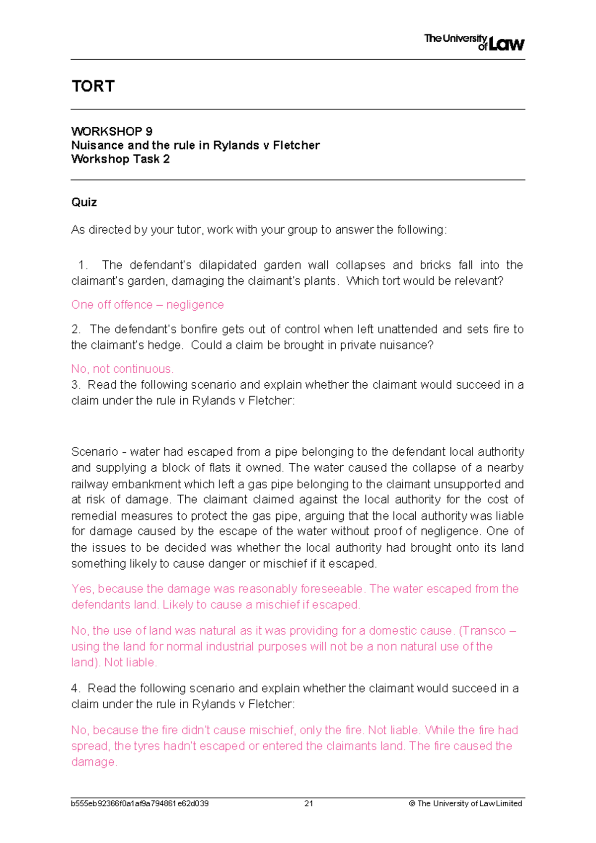 TORT 205: Workshop 9 - Nuisance & Rylands v Fletcher Analysis - Studocu