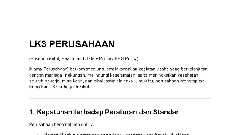 LK3 PERUSAHAAN: Kebijakan EHS untuk Keselamatan dan Kesehatan - Studocu