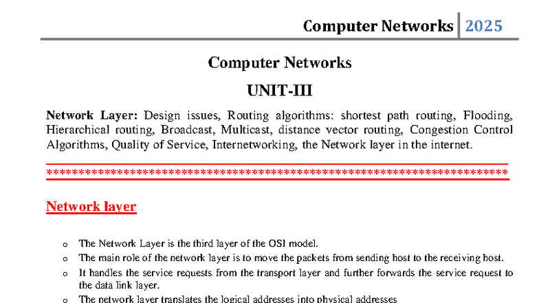 Computer Networks 2025: Network Layer Design & Routing Algorithms - Studocu