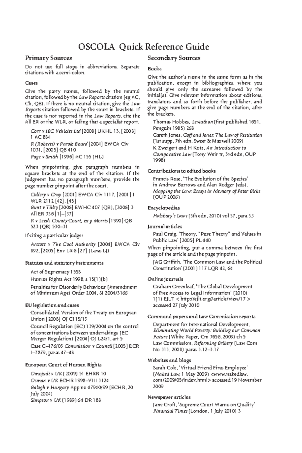 OSCOLA Referencing Guide for Law Students: Key Rules and Examples - Studocu