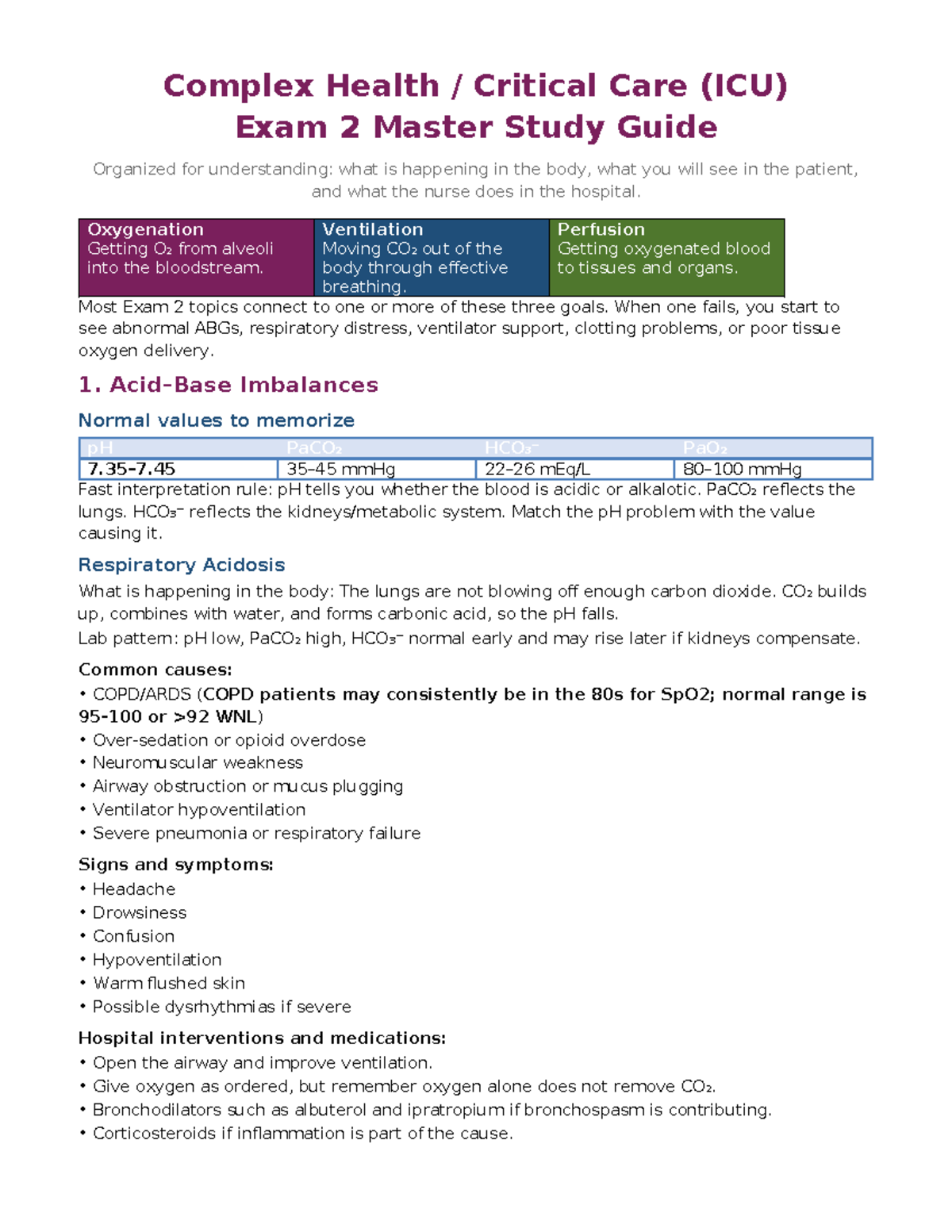 Complex Health Critical Care (ICU) Exam II Study Guide - Studocu
