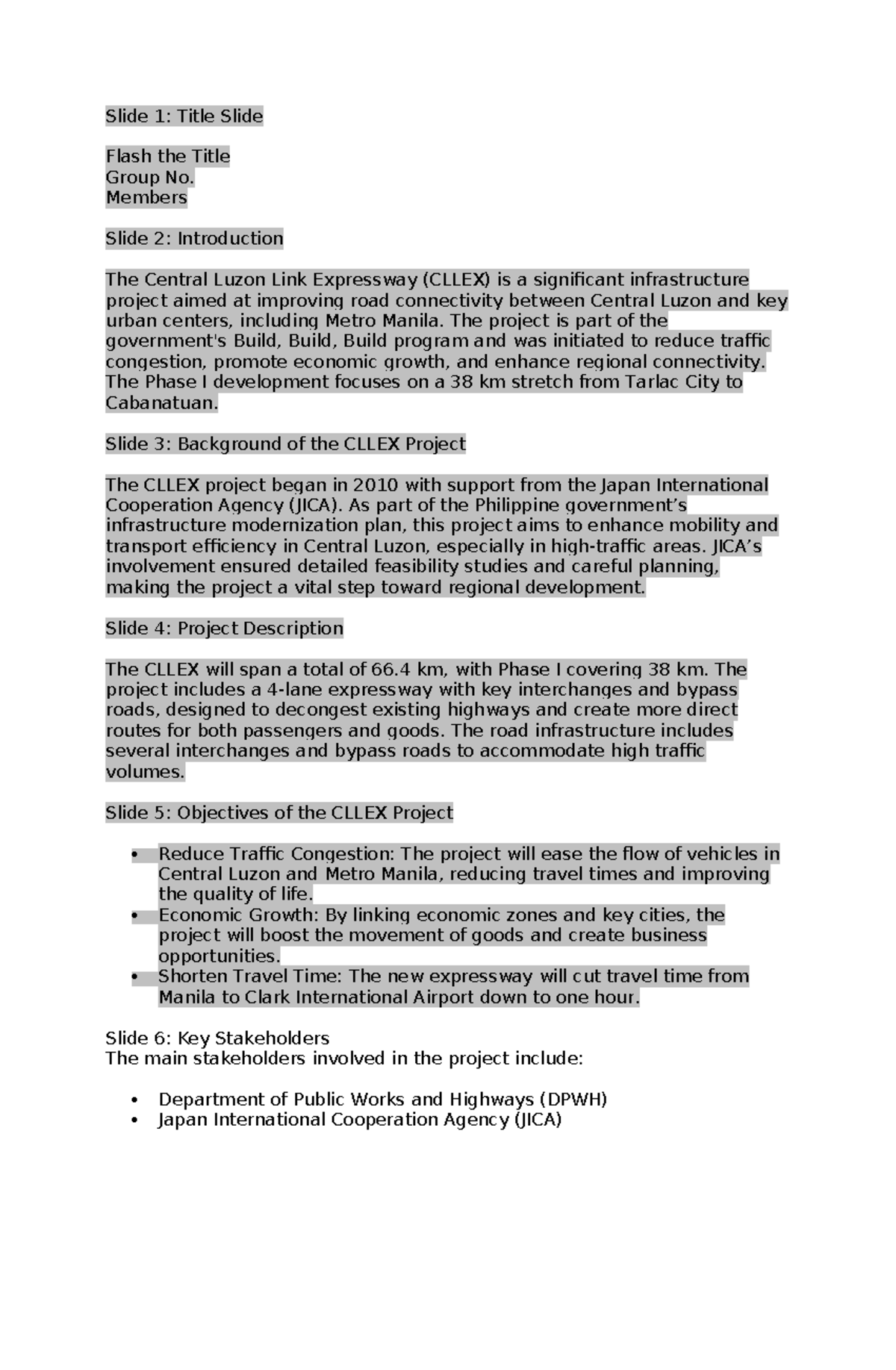 Specific Content for PPT (Highways) - Slide 1: Title Slide Flash the ...