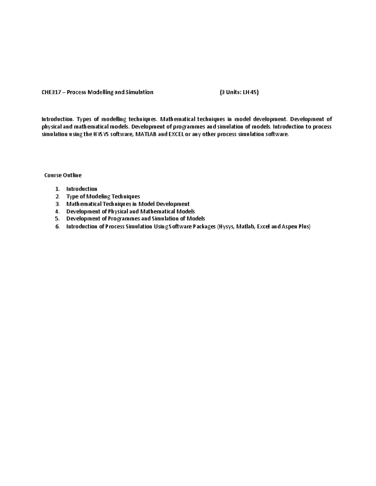 CHE317 - Lecture Notes on Process Modelling & Simulation - Studocu