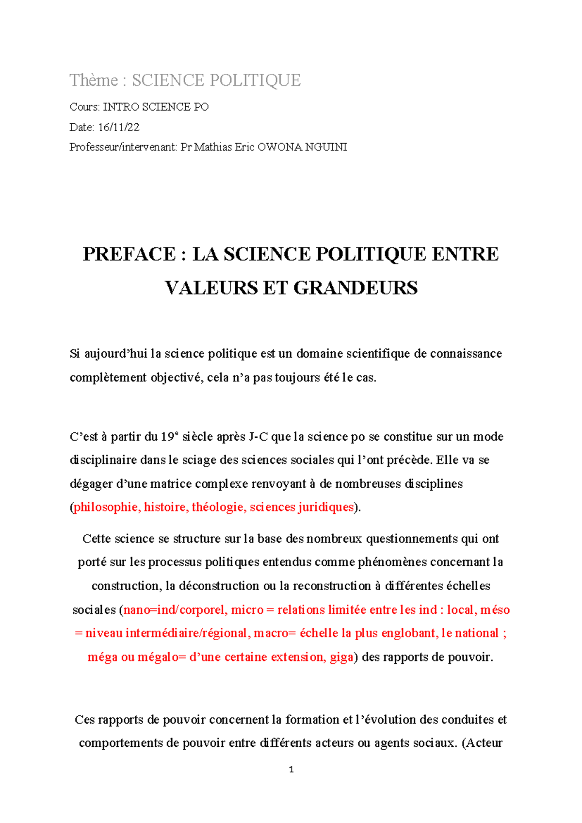 Introduction à la Science Politique - Cours INT SCIENCE PO - Studocu