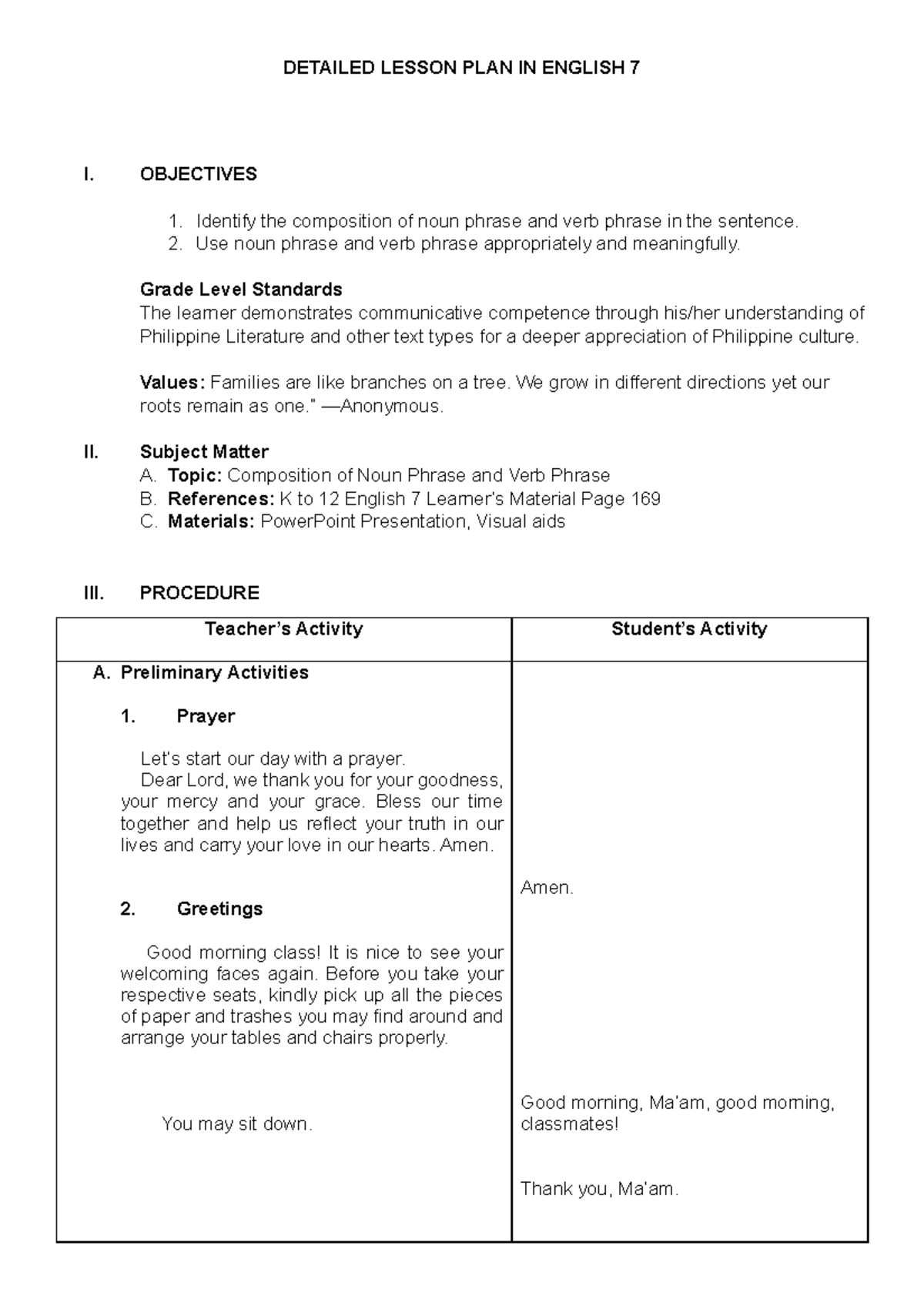 Detailed Lesson Plan on Noun & Verb Phrases for English 7 - Studocu