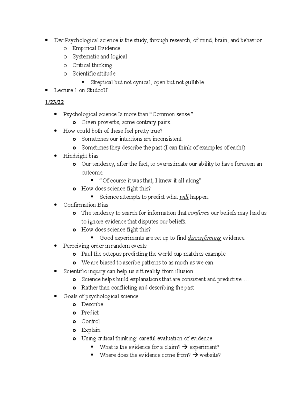 Psychology Lecture Notes: Introduction to Psychological Science - Studocu