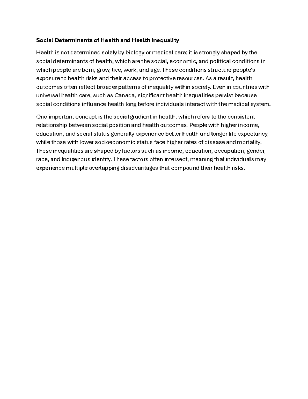 HSS 2321 - Social Determinants of Health & Inequality Lecture Notes ...