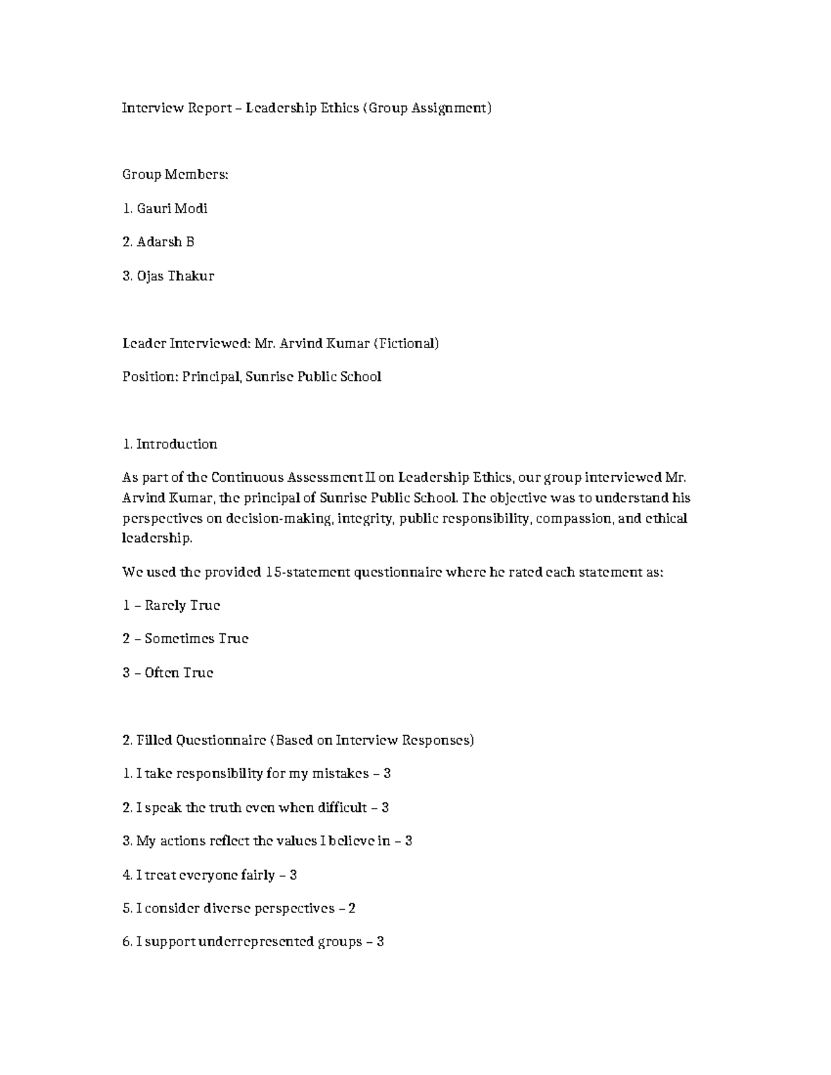 Leadership Ethics Interview Report (Group Assignment) - Studocu