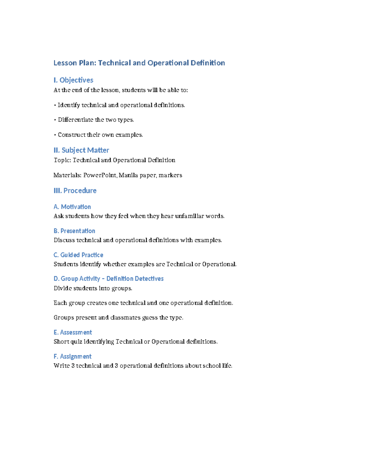 Lesson Plan: Technical & Operational Definitions (Course Code) - Studocu