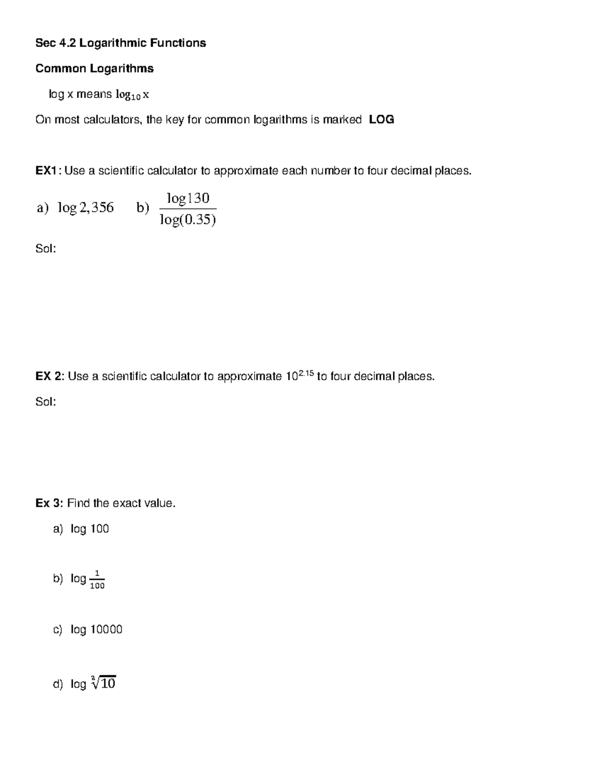 Sec 4.2 Lesson on Logarithmic Functions - Math 111-1 - Studocu