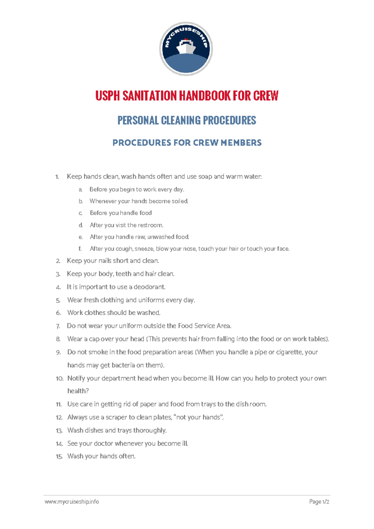 USPH Sanitation Handbook: Crew Personal Cleaning Procedures - Studocu