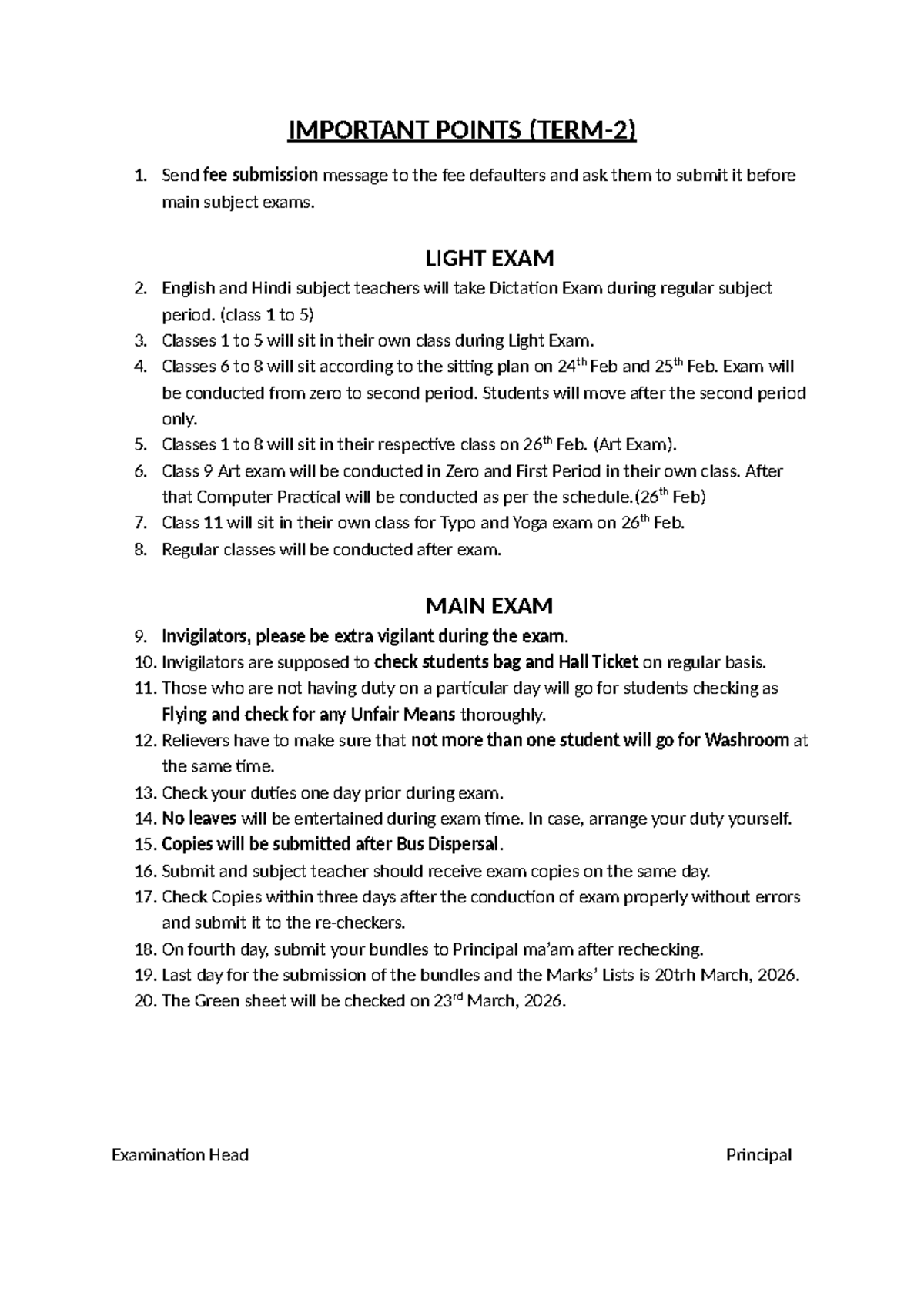 Exam Guidelines and Important Points for Classes 1-11 (Light & Main ...