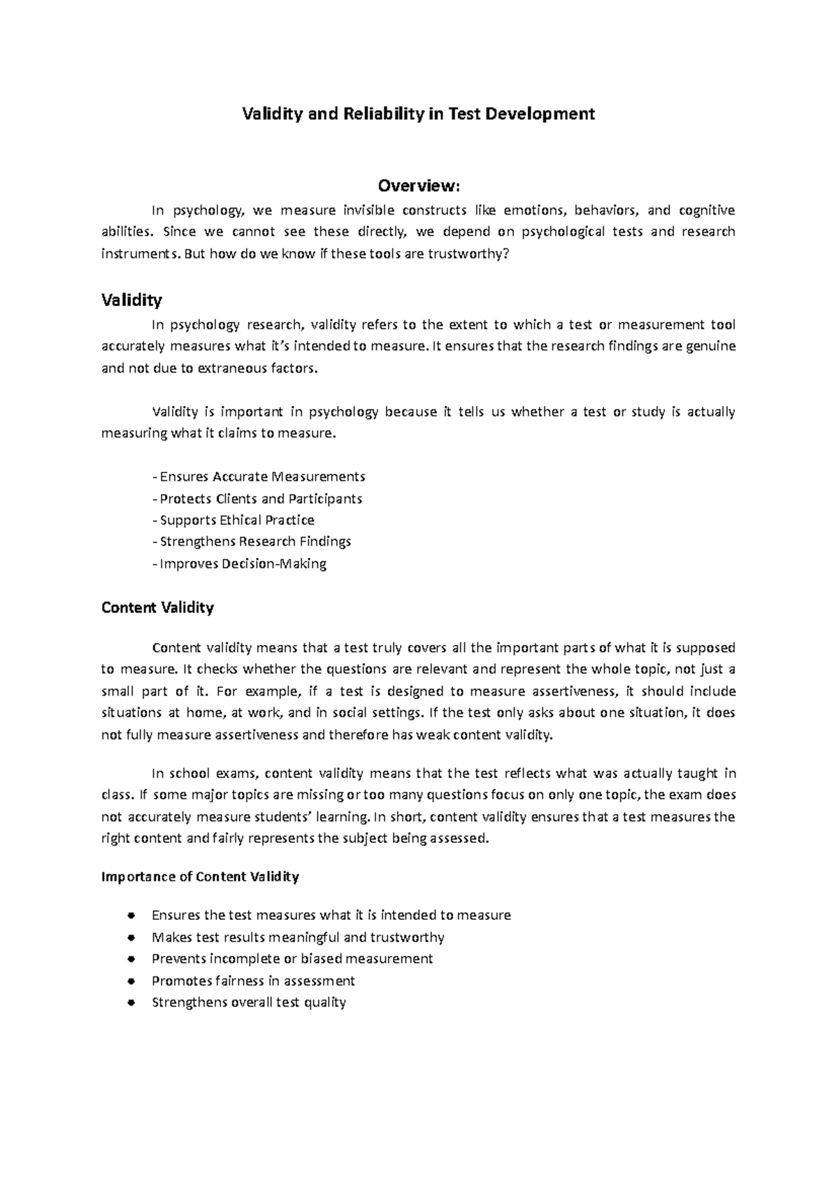 Reliability and Validity in Psychological Test Development Overview ...