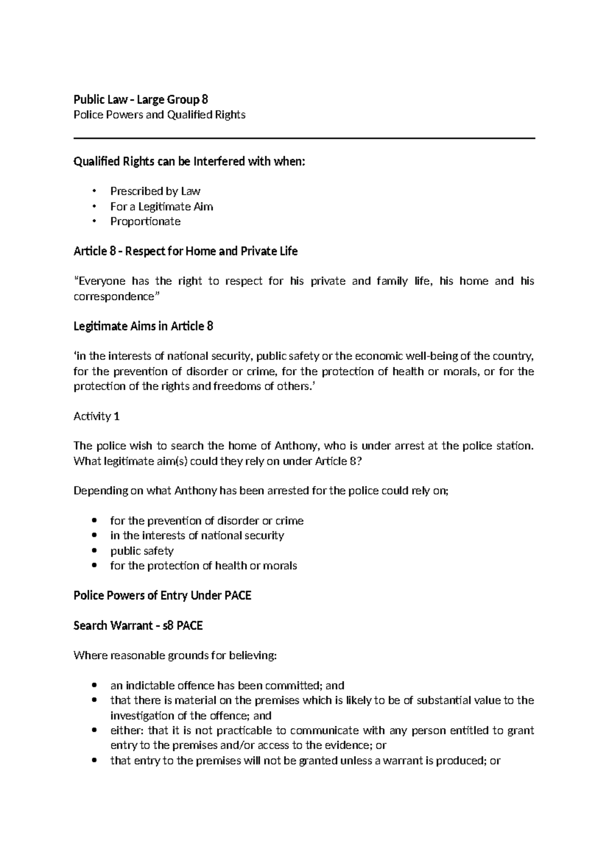 Public Law - Large Group 8: Police Powers and Rights Overview - Studocu