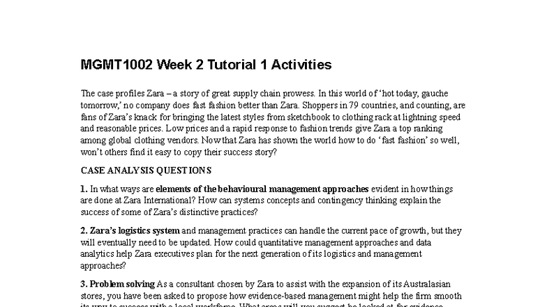 MGMT1002 Week 2 Tutorial 1: Zara Case Study Analysis - Studocu