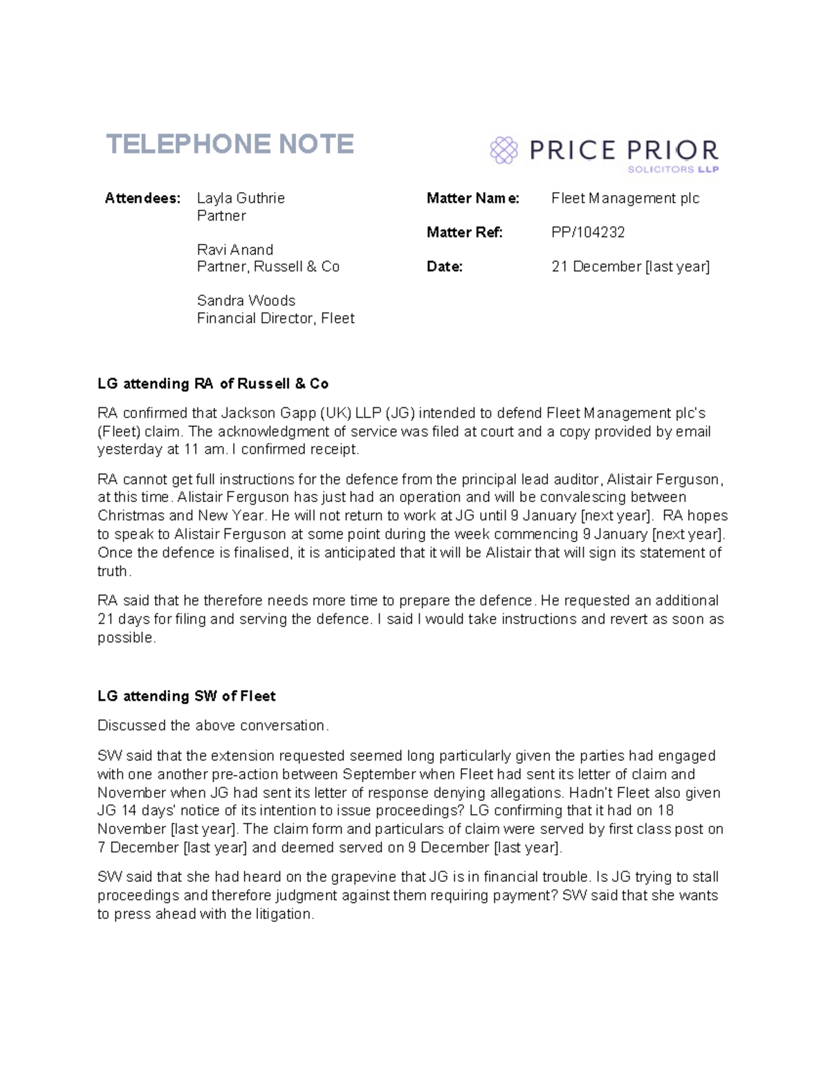 Telephone Attendance Note 1 - Fleet Management plc Update - Studocu