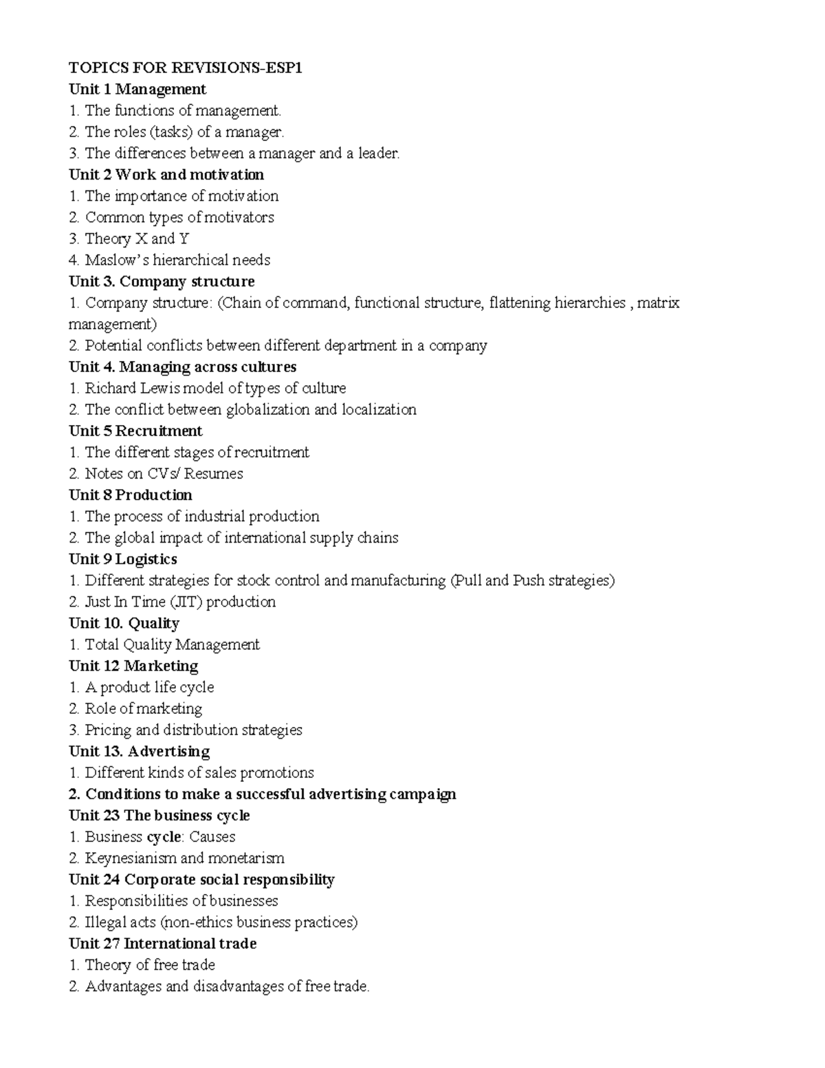 1. Topics FOR Revisions - TOPICS FOR REVISIONS-ESP Unit 1 Management ...
