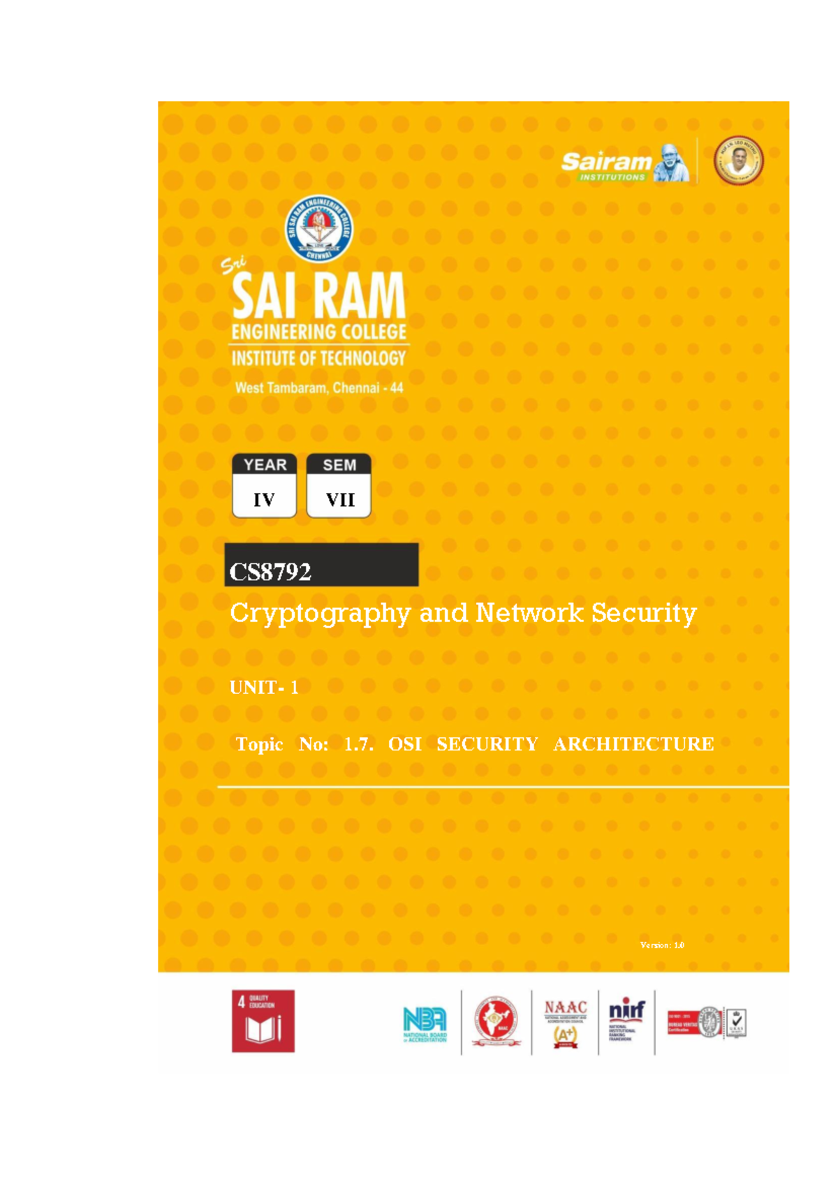 IV VII CS8792 Cryptography and Network Security: OSI Security ...