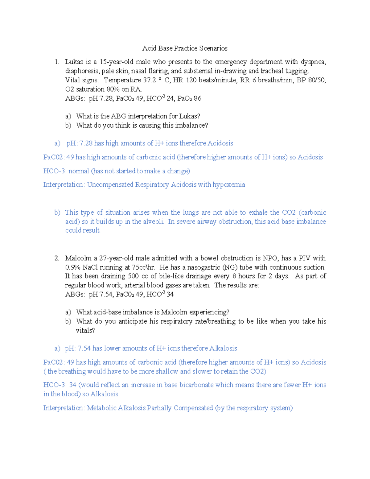 Acid Base Practice Scenarios & Answers for Nursing 101 - Studocu
