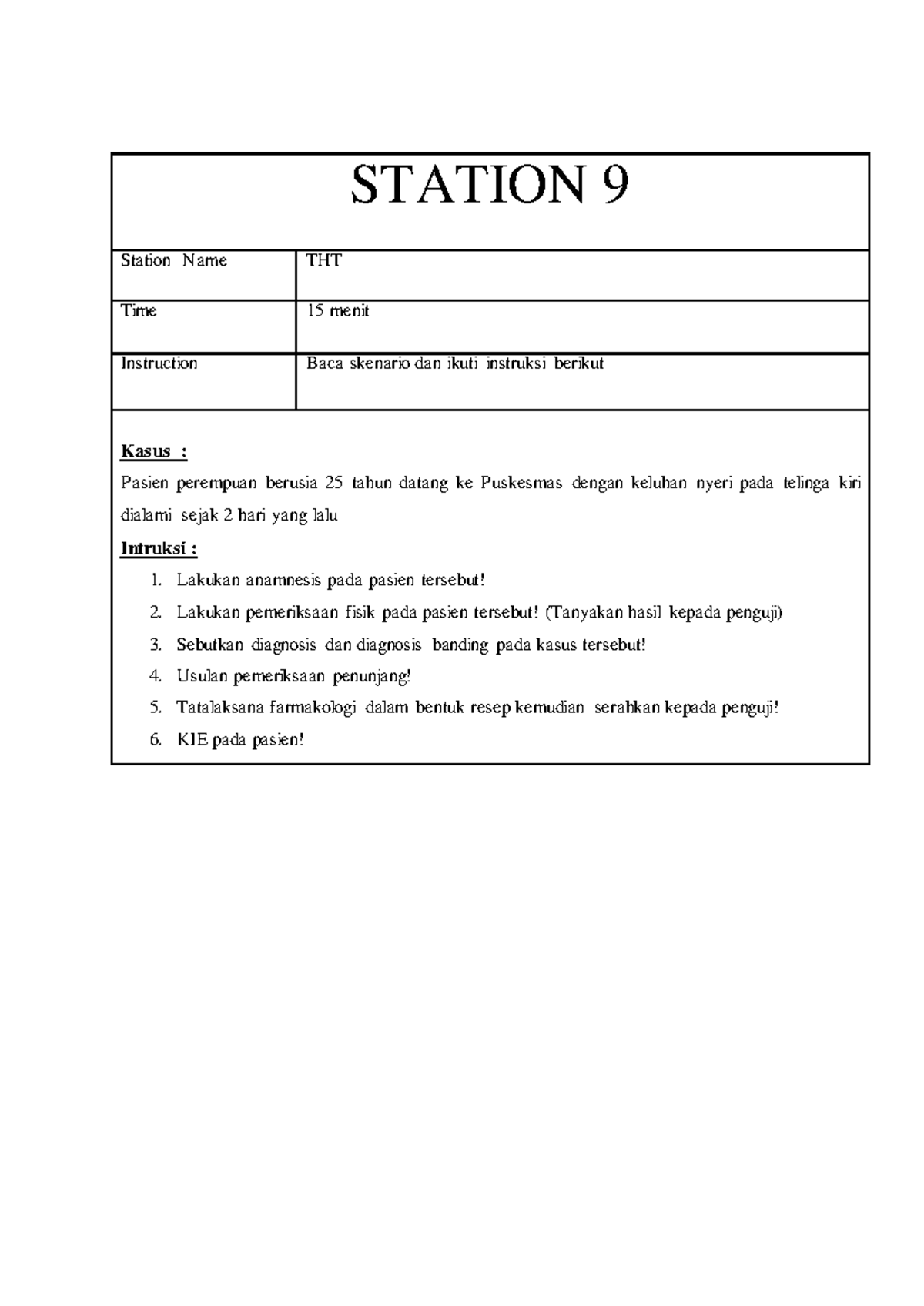 Station 9 THT - OSCE Case Scenarios and Instructions - Studocu