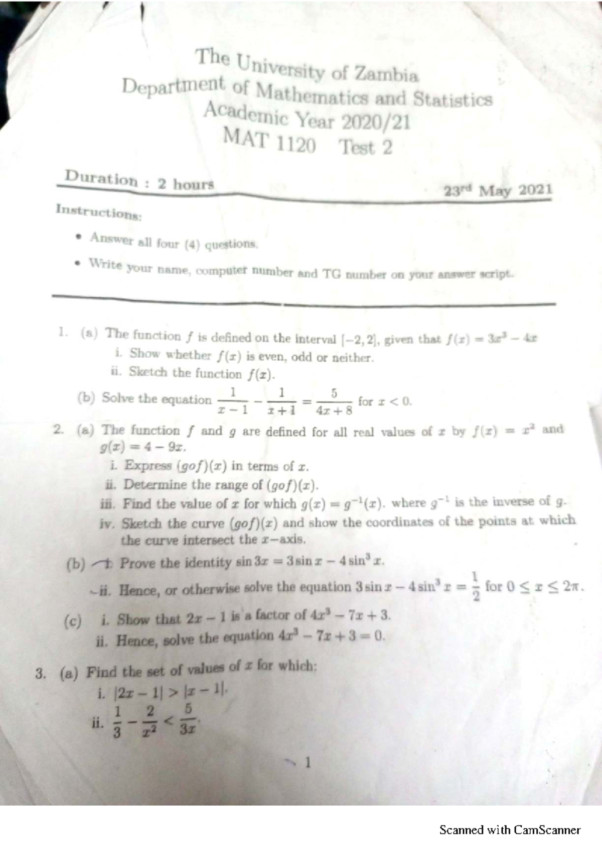 MAT 1120 Test 2 - Mathematics and Statistics (2021) - Studocu