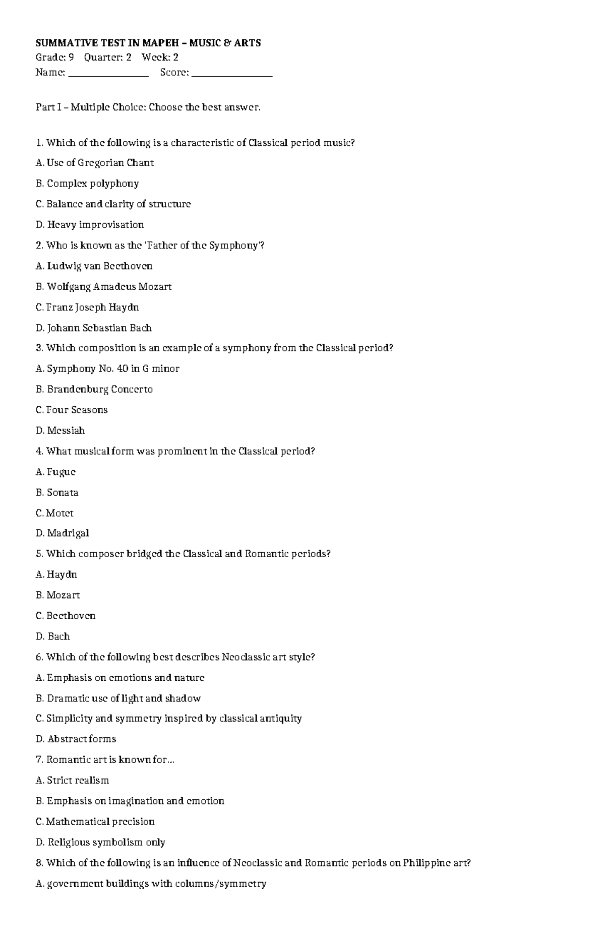 SUMMATIVE TEST IN MAPEH MUSIC ARTS GRADE 9 Q2 W2 - Studocu