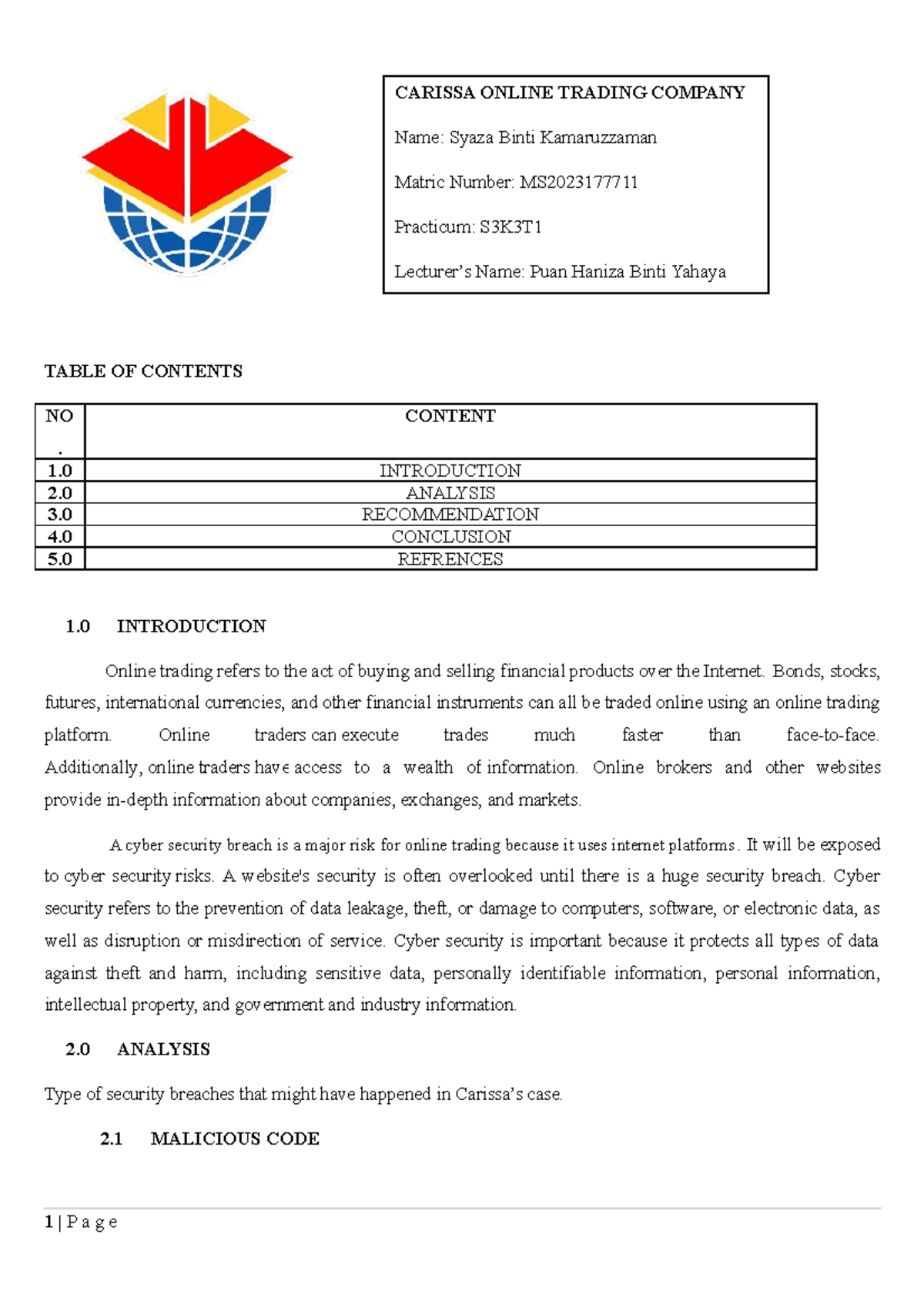 Assignment Scomp Syaza' - TABLE OF CONTENTS NO . CONTENT 1 INTRODUCTION ...