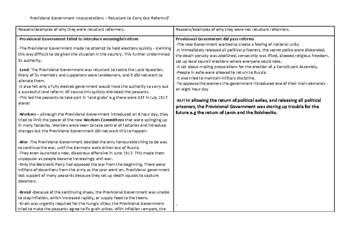 Provisional Government (PG) Reluctant Reformers: An Analysis - Studocu