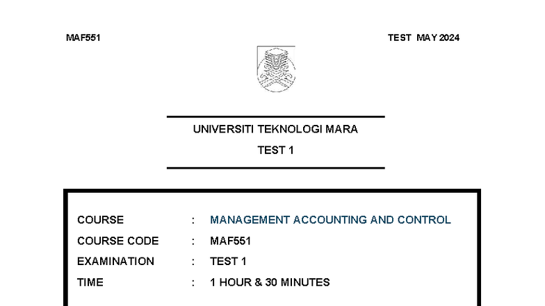 MAF551 TEST 1 MAY 2024 - MANAGEMENT ACCOUNTING AND CONTROL - Studocu