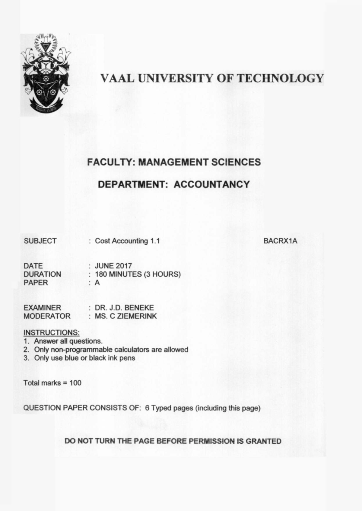 Cost Accounting 1.1 BACRX1A June 2017 Exam Paper A - Studocu