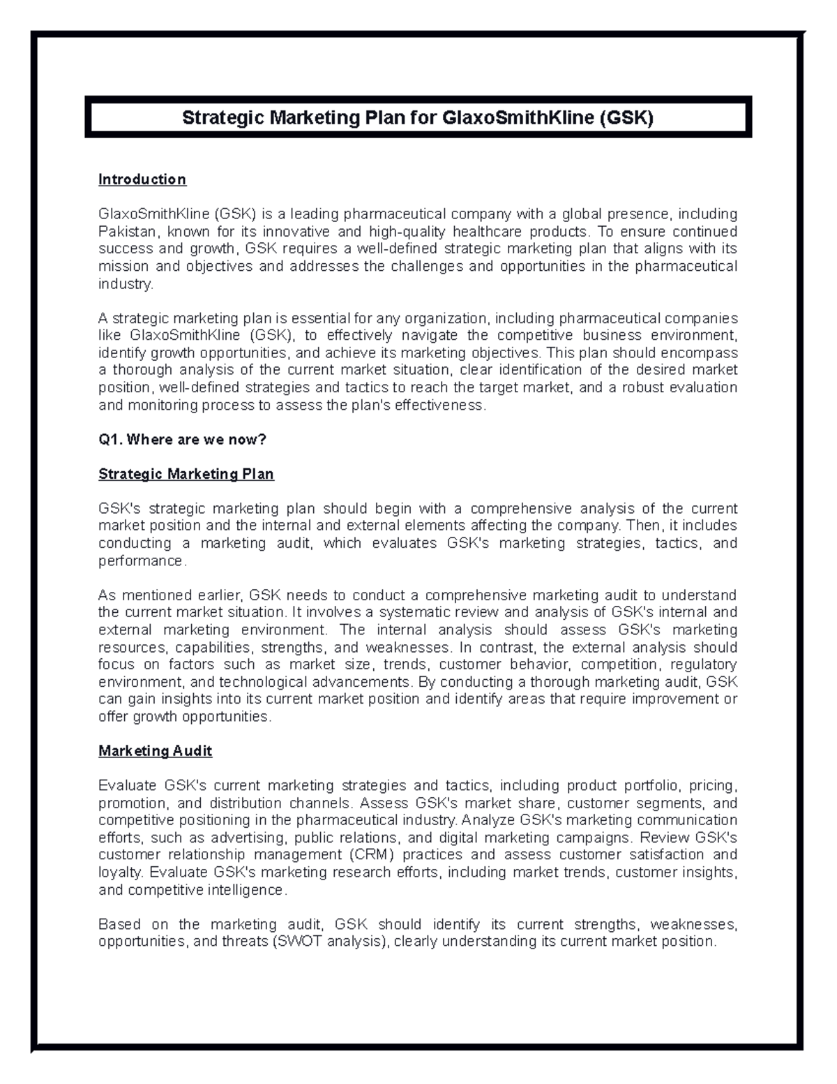 Strategic Marketing Plan for GSK: Insights and Recommendations - Studocu