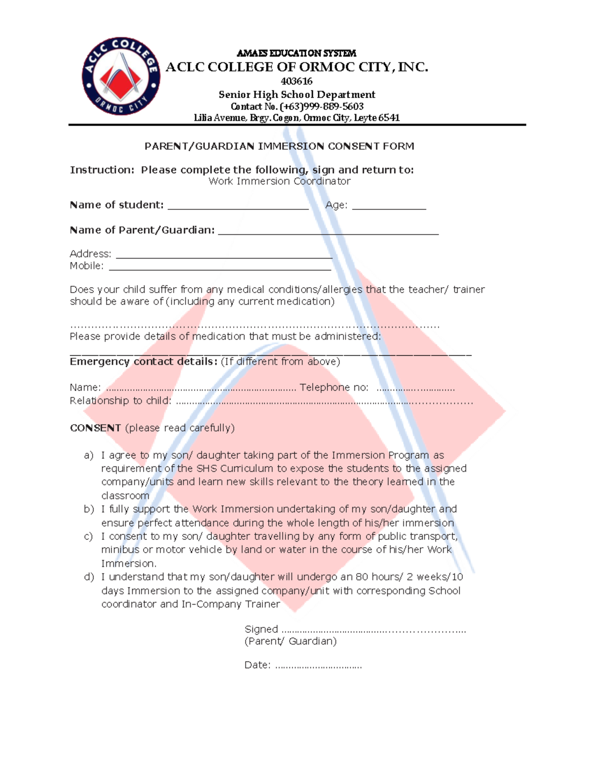 ACLC 403616 Senior High School Work Immersion Consent Form - Studocu