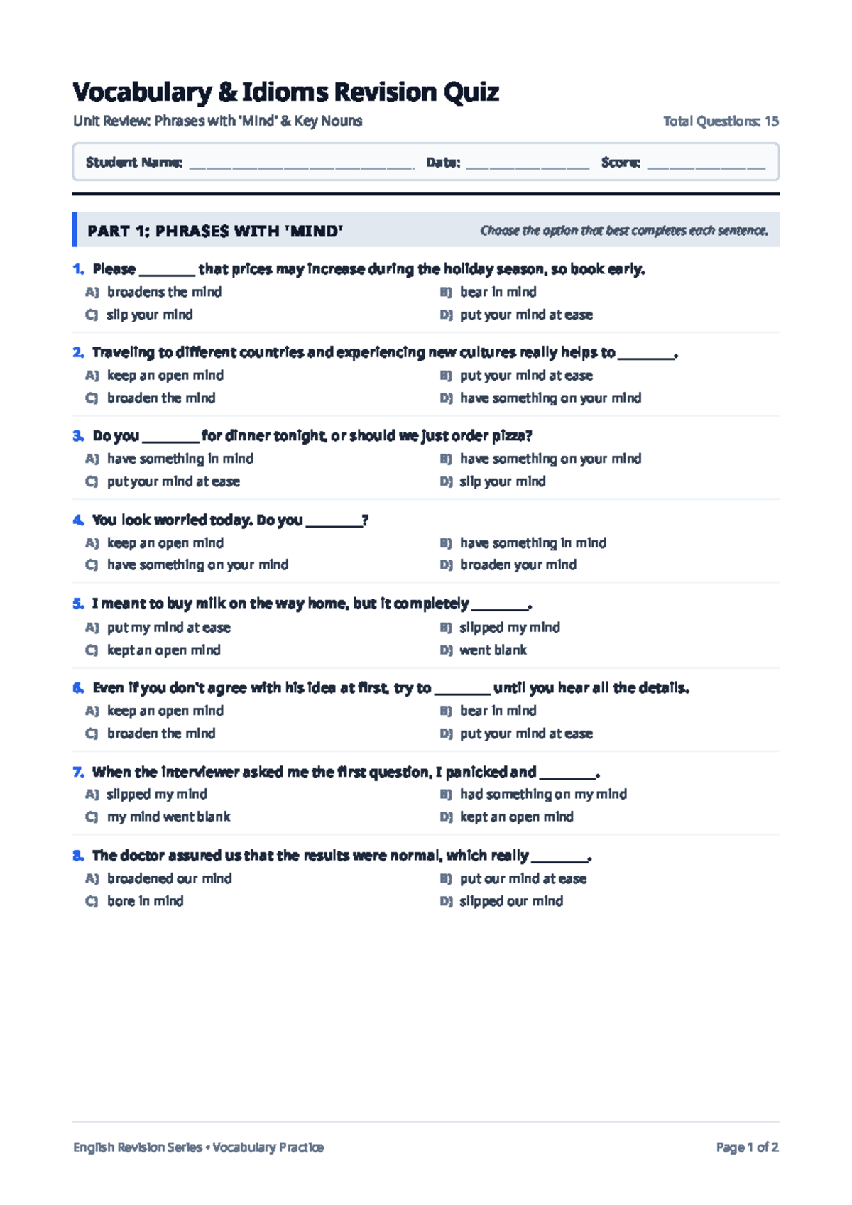 English Vocabulary & Idioms Quiz: Unit Review on Key Phrases - Studocu
