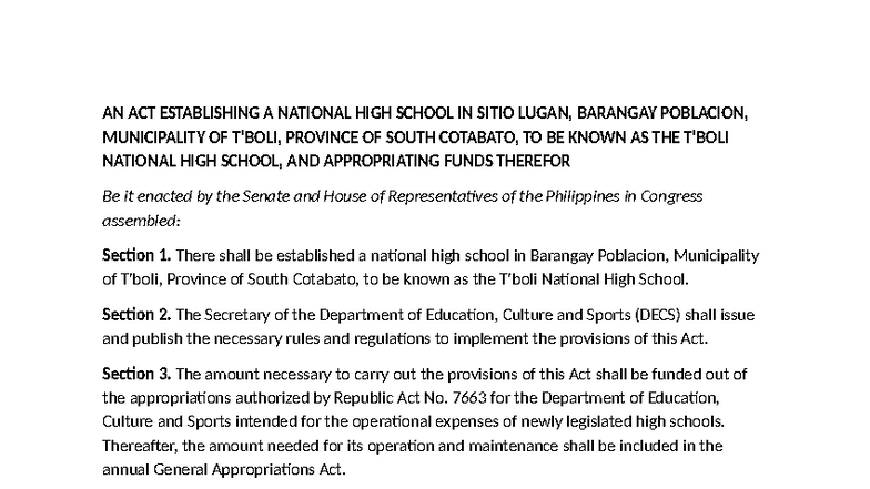 RA 7776 - Establishment of National High School in South Cotabato - Studocu