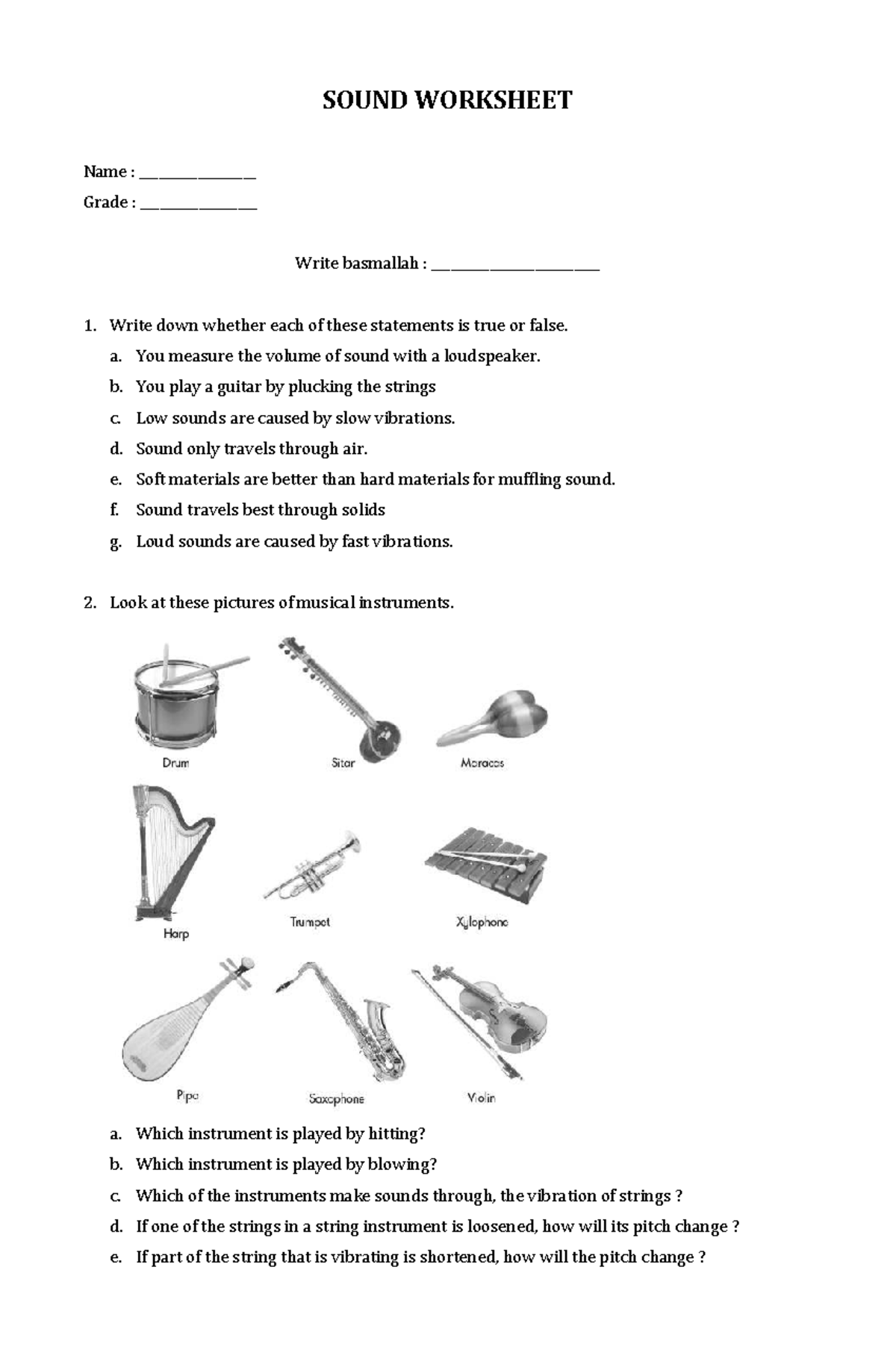 SOUND WORKSHEET: Understanding Sound Concepts and Instruments - Studocu