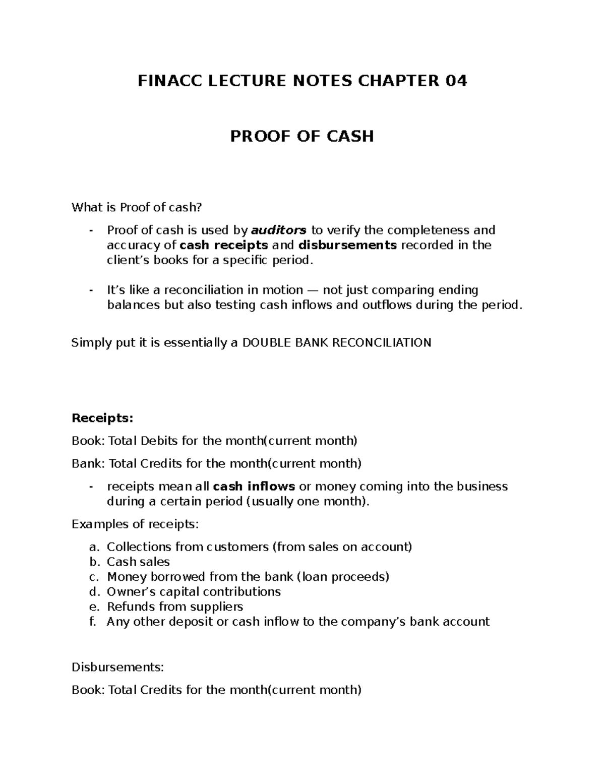 FINACC LECTURE NOTES: CHAPTER 04 - PROOF OF CASH EXPLAINED - Studocu