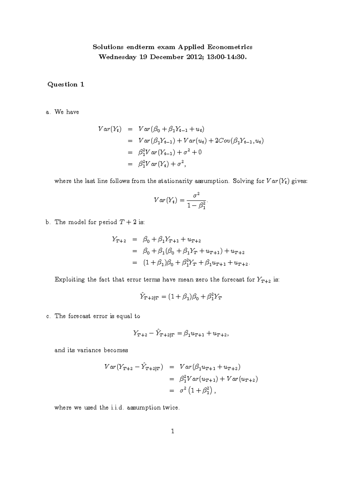 Applied Econometrics Final Exam Solutions - December 2012 - Studeersnel