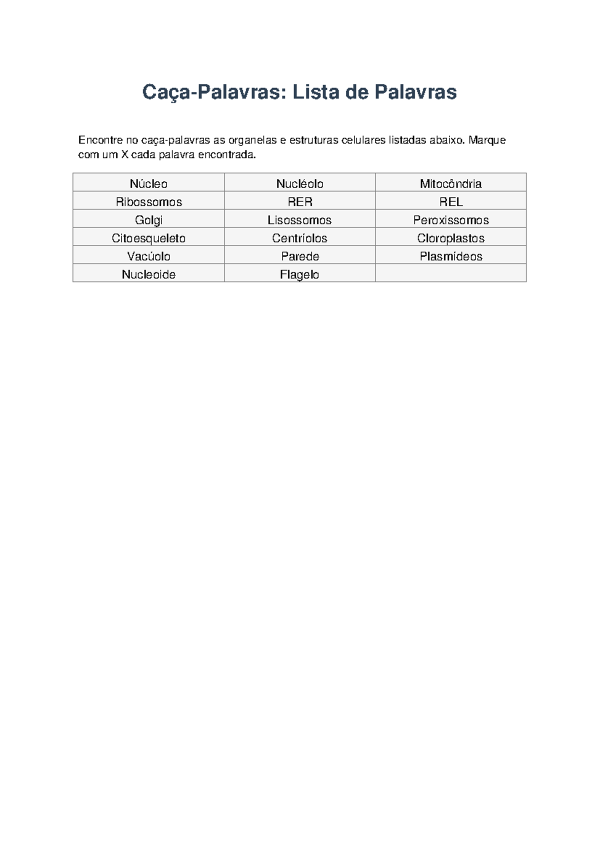 Caca palavras lista organelas - Biologia Celular - Caça-Palavras: Lista ...