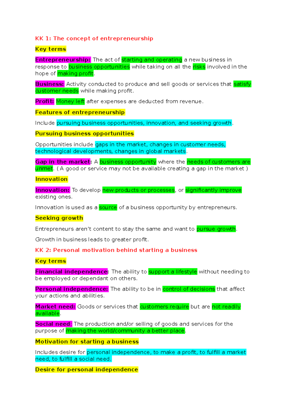 Unit 1 AOS 1: Entrepreneurship Concepts and Business Development Notes ...