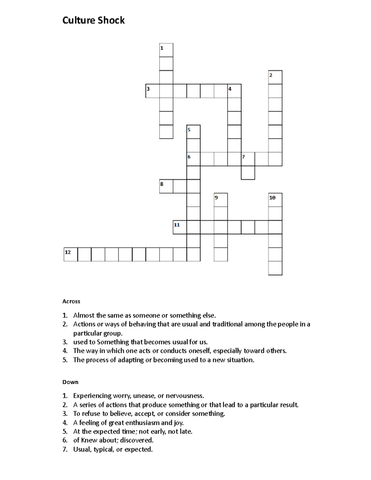 Culture Shock Crossword Puzzle - Clues & Answers - Studocu