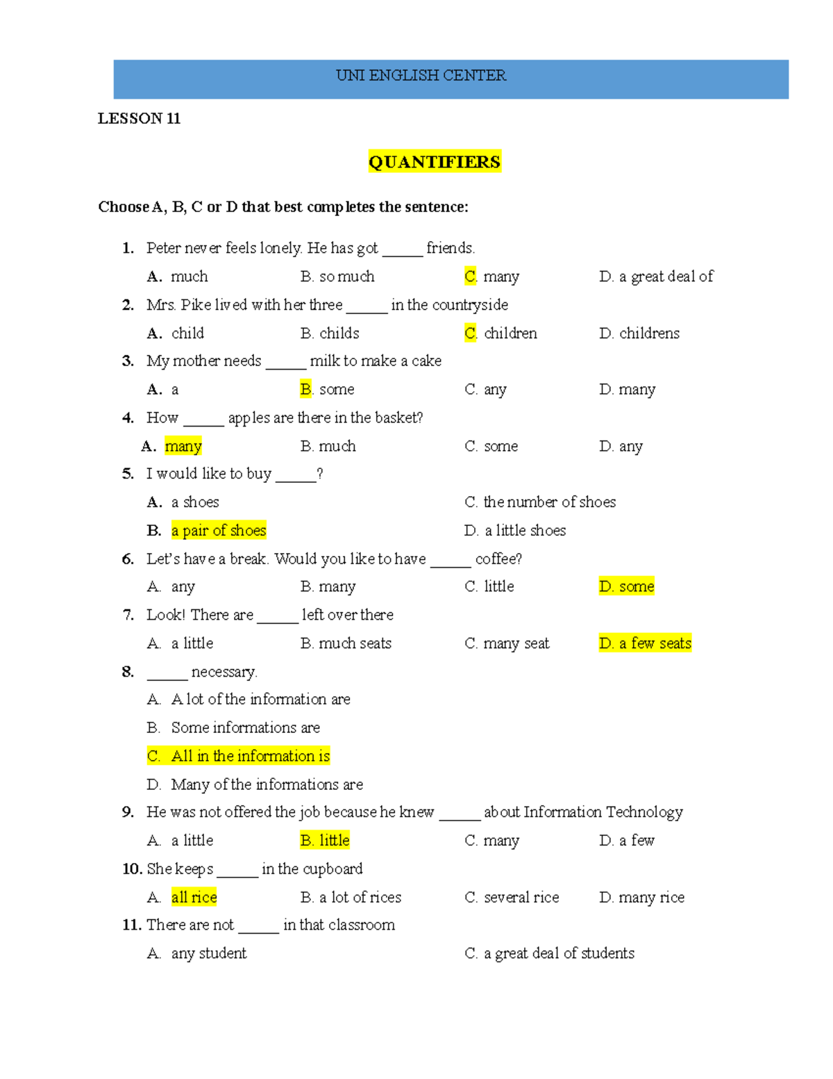 Lesson 11 - fdsfsd - LESSON 11 QUANTIFIERS Choose A, B, C or D that ...