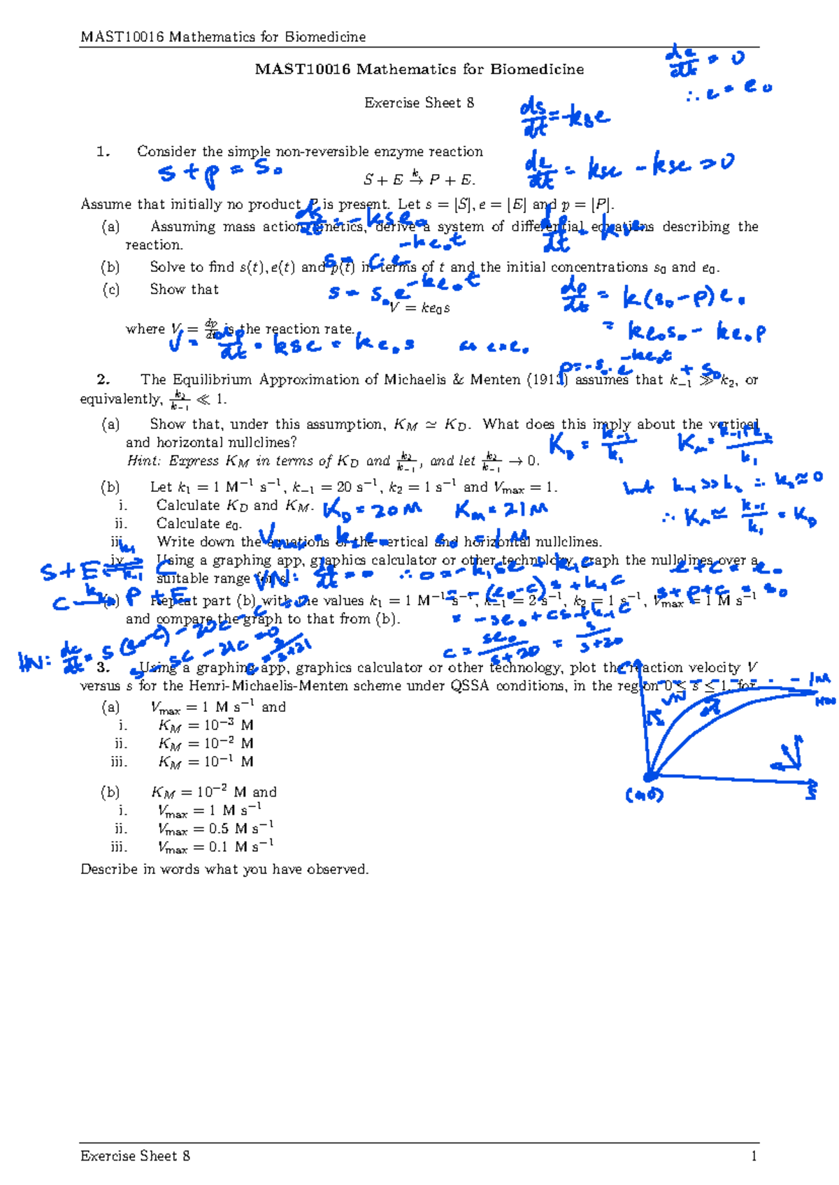 MAST10016 Mathematics for Biomedicine Exercise Sheet 8 Solutions and ...