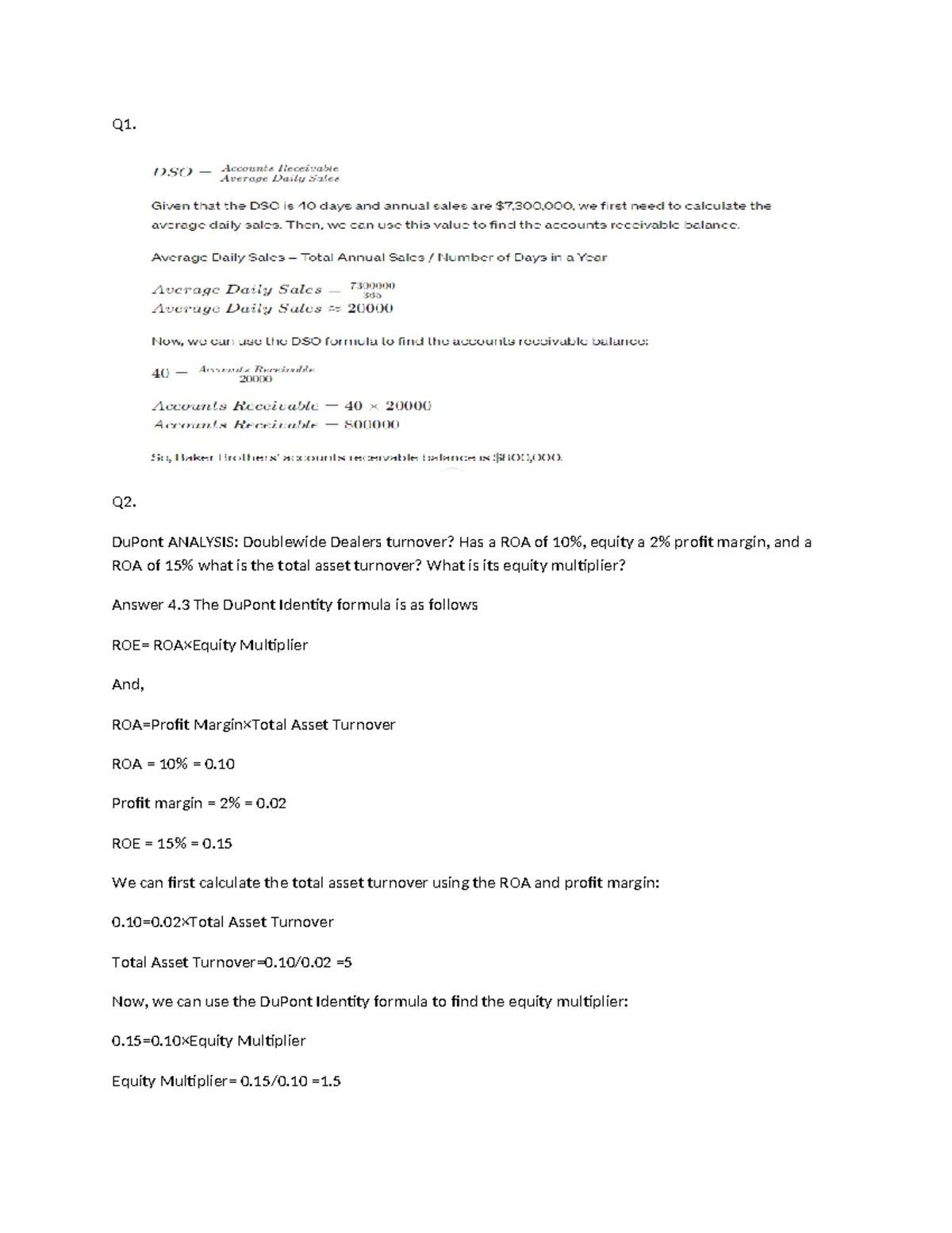 DuPont Analysis & ROE Calculations for Assignment - Studocu