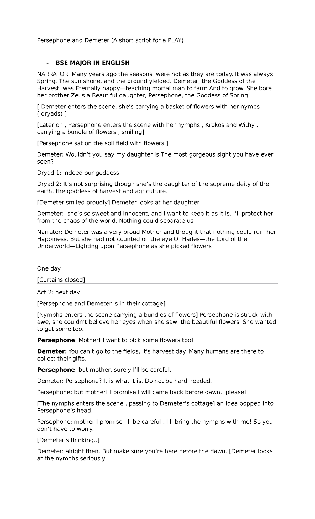 Demeter & Persephone: A Short Script for BSE MAJOR IN ENGLISH - Studocu