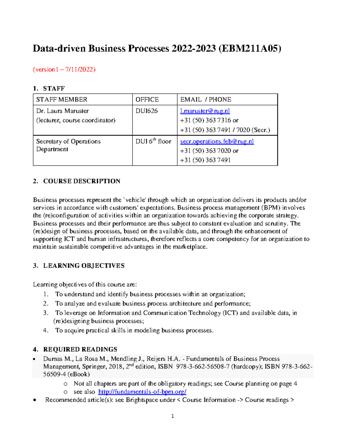 Data-Driven Business Processes Syllabus (EBM211A05) 2022-2023 - Studeersnel