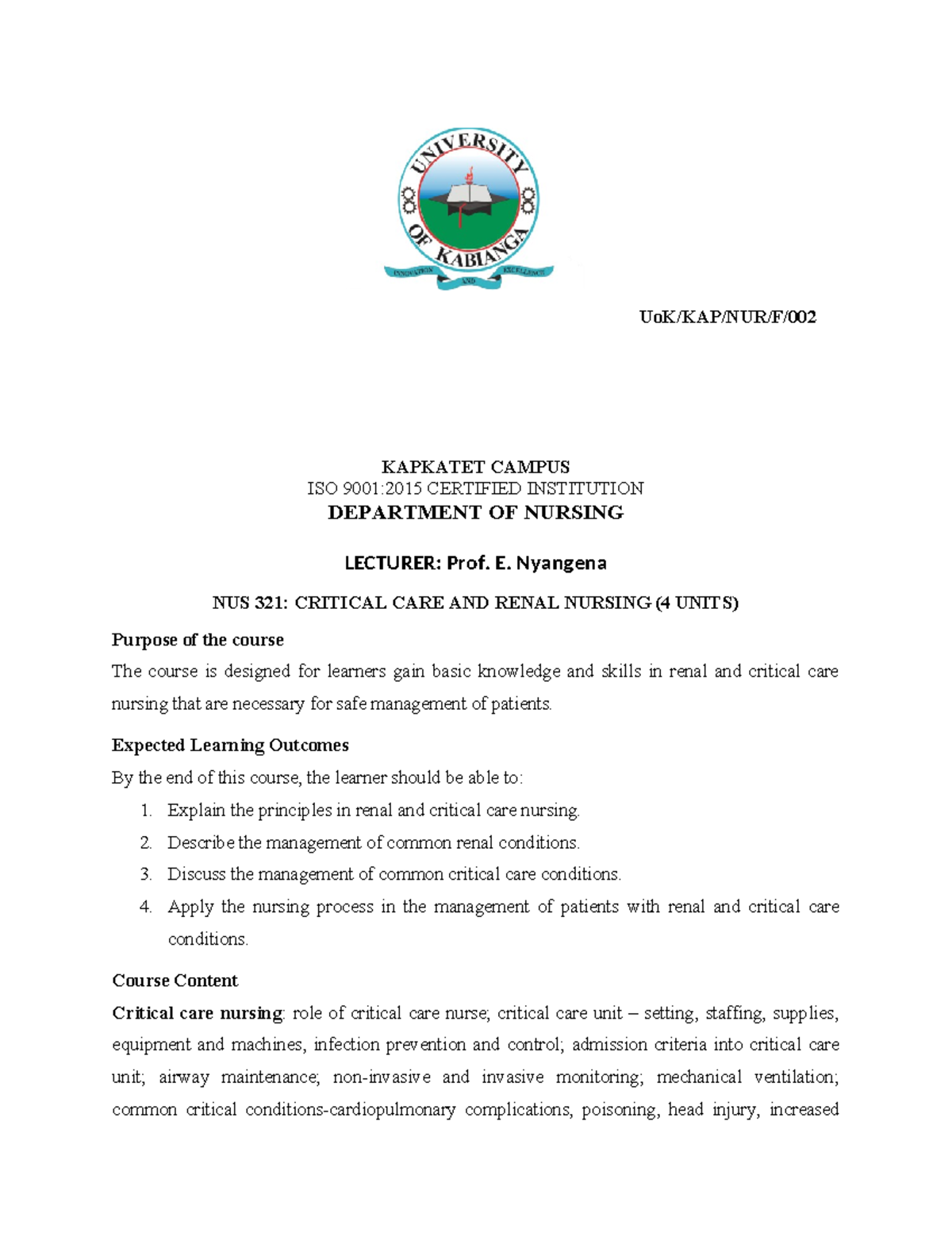 NUS 321 Outline - Course work - UoK/KAP/NUR/F/ KAPKATET CAMPUS ISO 9001 ...