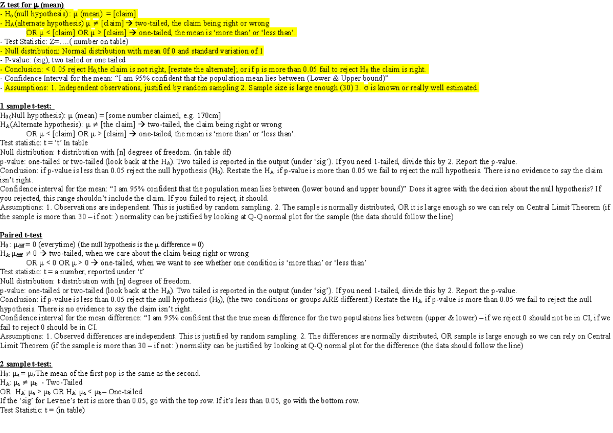 Stat1070 Cheat Sheet - Summary of Hypothesis Testing Concepts - Studocu