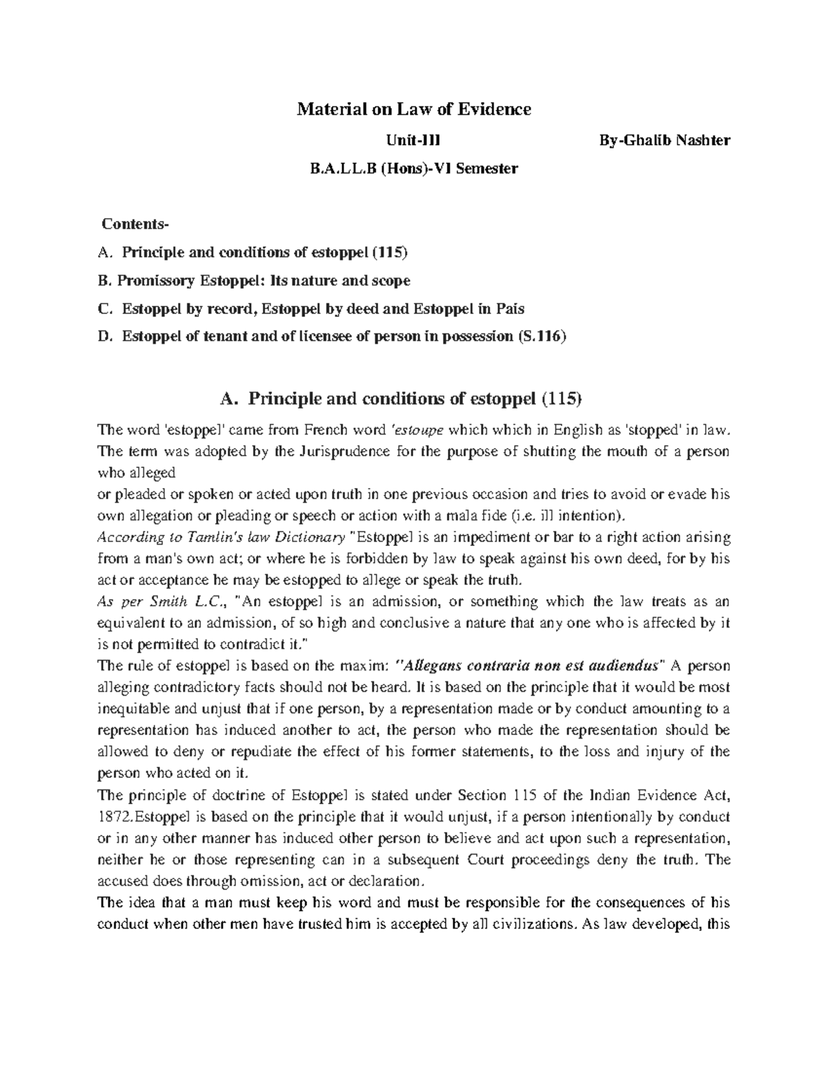 99997885 - Law of Evidence: Understanding Estoppel Principles - Studocu